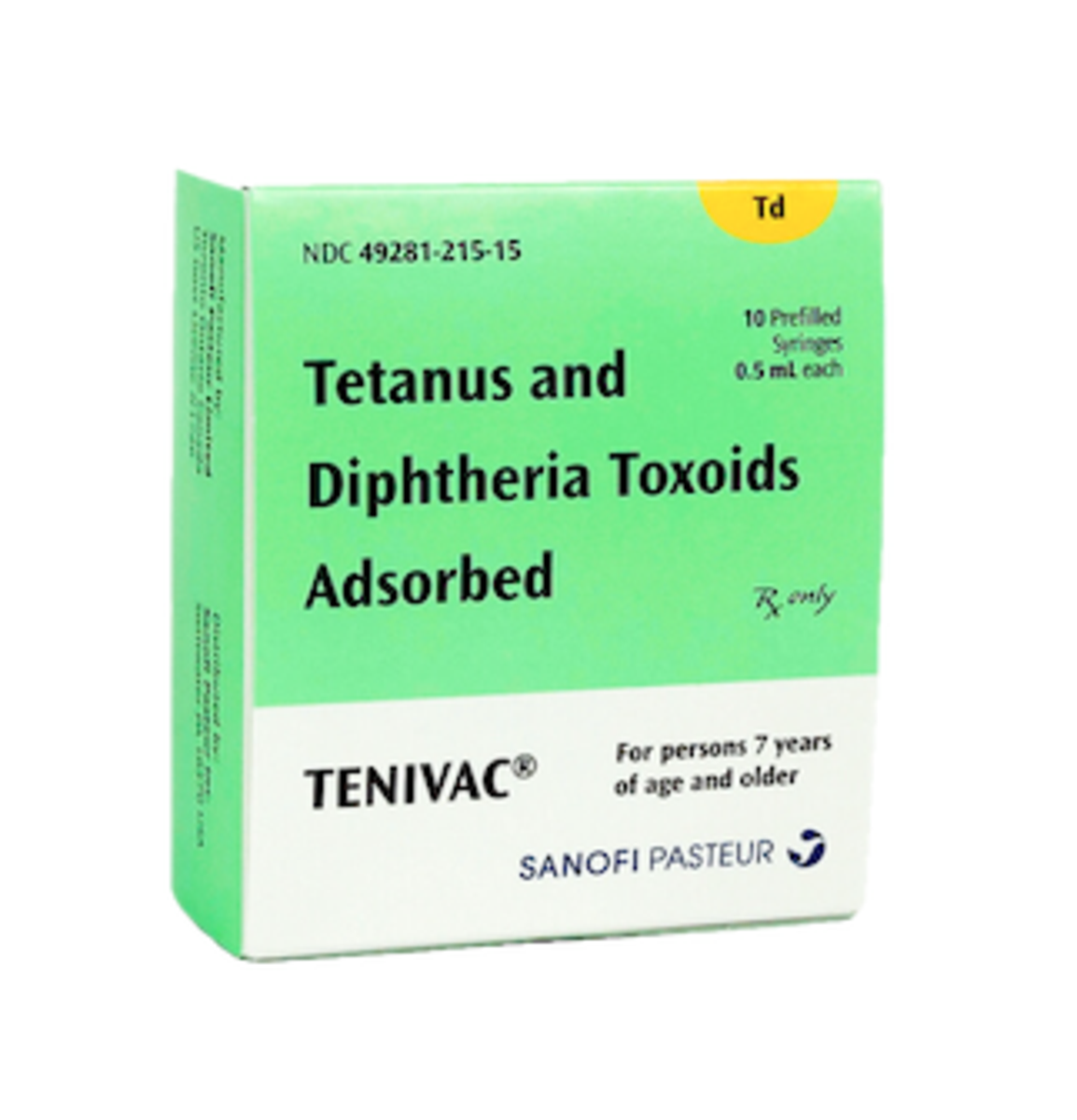 TENIVAC tetanus and diphtheria Td vaccine carton with ten 0.5 mL prefilled syringes, NDC 49281-215-15